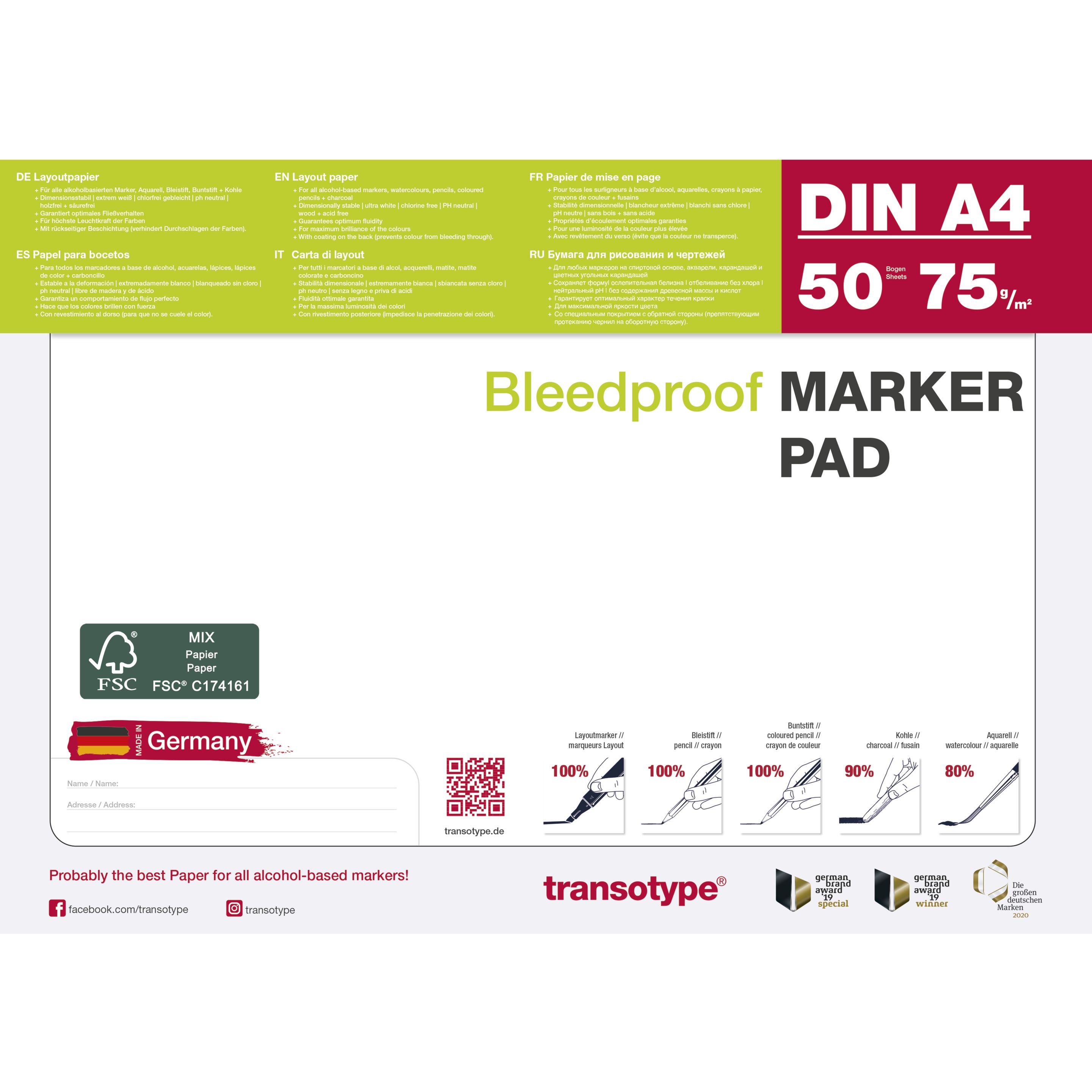 Transotype Bleedproof Marker Pad A4 50 Blatt 70g/m²