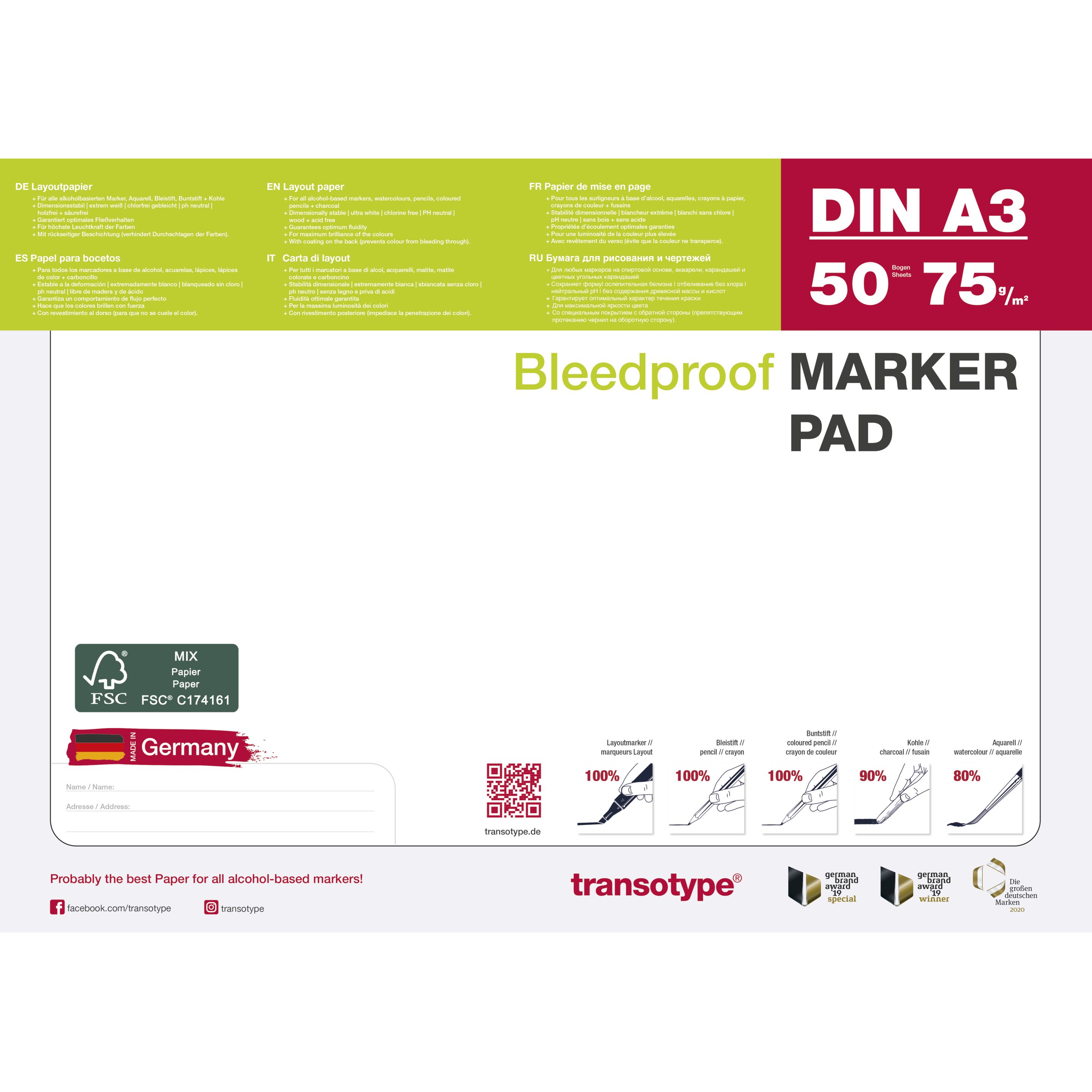 Transotype Bleedproof Marker Pad A3 50 Blatt 70g/m²